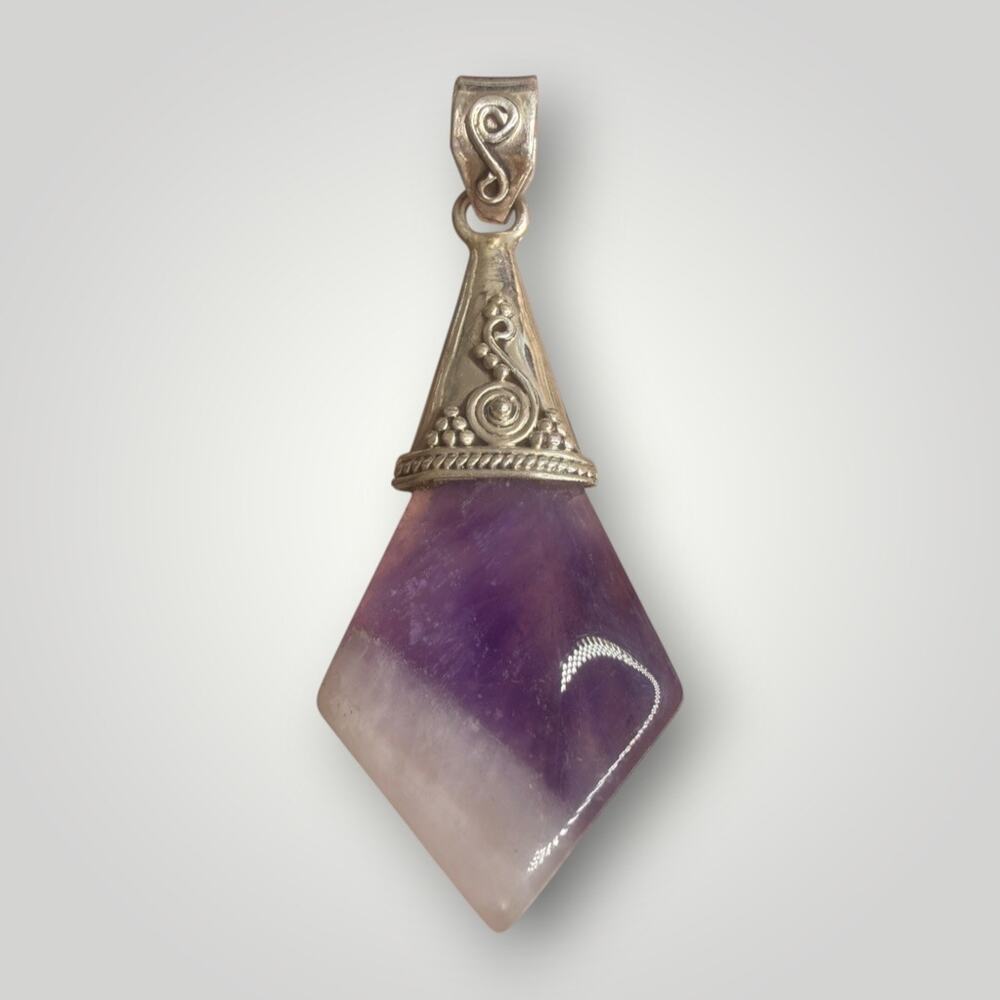 Vintage Sterling Silver 925 Amethyst Quartz Pendant Boho Artisan Purple Stone - Picture 3 of 9